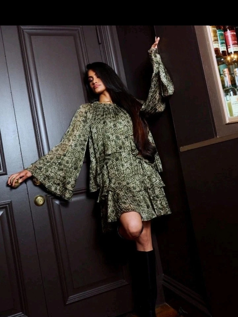 kensie Printed Ruffled Volume SSeeve Tiered Dress Snake Print GreenMultiSize